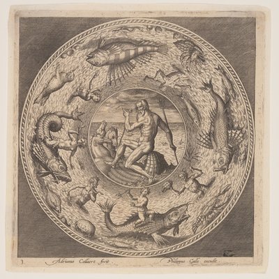 Poseidon, uit een serie ontwerpen voor platen (Fonds de Coupe) door Adriaen Collaert