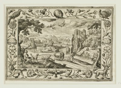 De val van Icarus, uit Landschappen met scènes uit het Oude en Nieuwe Testament en Jachtscènes door Adriaen Collaert