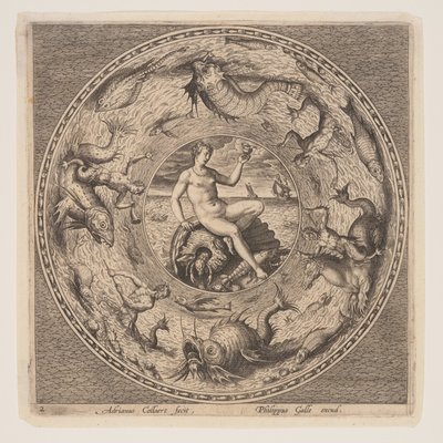 Thetis op een schelp, uit een serie ontwerpen voor platen (Fonds de Coupe) door Adriaen Collaert