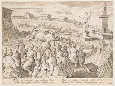 Walvisjacht door keizer Claudius in de haven van Ostia, pl. 19 in de Venationes Ferarum, Avium, Piscium serie door Adriaen Collaert