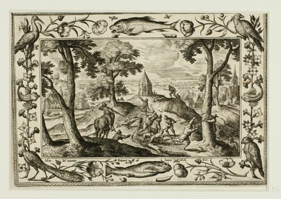 Wolvenjacht, uit Landschappen met scènes uit het Oude en Nieuwe Testament en Jachtscènes door Adriaen Collaert