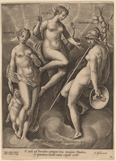 Venus, Juno en Minerva door Adriaen Collaert after Jan van der Straet