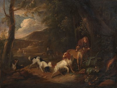 Jager met honden aan de rand van een bos door Adriaen Cornelisz Beeldemaker