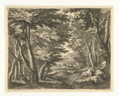 Landschap met drie mannen bij een open plek in het bos door Adriaen Frans Boudewyns