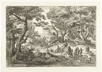 Landschap met jachtpartij Landschappen met jagers (serietitel) door Adriaen Frans Boudewyns