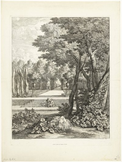 Landschap met paar, zittend op een trap in de tuin door Adriaen Frans Boudewyns