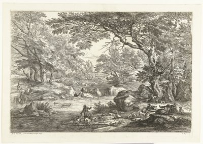 Landschap met rustende jagers Landschappen met jagers (serietitel) door Adriaen Frans Boudewyns
