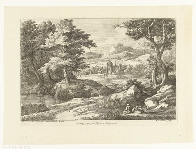 Landschap met twee figuren langs een weg, in de verte een kerk door Adriaen Frans Boudewyns