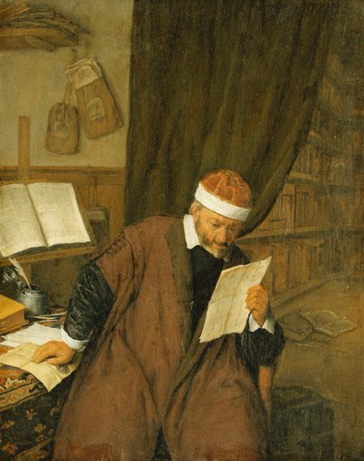Een advocaat zittend aan een bureau die een brief leest, een bibliotheek daarachter, 1668 door Adriaen Jansz. van Ostade