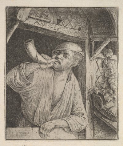 Bakker die op een hoorn blaast, 1610-85 door Adriaen Jansz. van Ostade