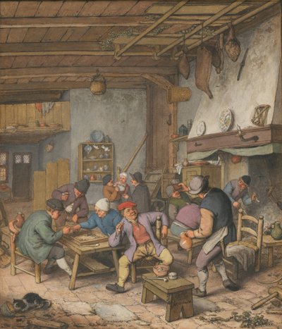 Kamer in een herberg met boeren die drinken, roken en backgammon spelen door Adriaen Jansz. van Ostade