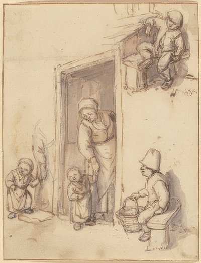 Studieblad met een moeder en haar dochter in de deuropening, twee zittende jongens door Adriaen Jansz. van Ostade