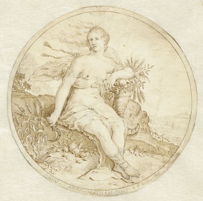 Ceres zittend met een hoorn des overvloeds en een sikkel door Adriaen Matham