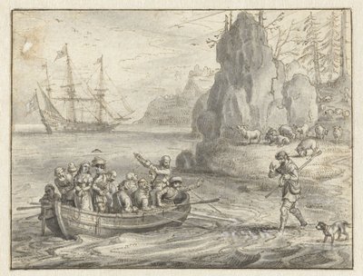 Celadon smeekt piraten om hem mee te nemen met zijn ontvoerde vrouw, Galatea door Adriaen Pietersz van de Venne