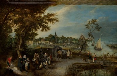 Landschap met figuren en een dorpskermis door Adriaen Pietersz van de Venne