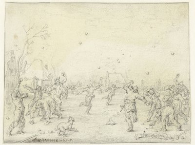 Mannen en jongens die sneeuwballen gooien door Adriaen Pietersz van de Venne
