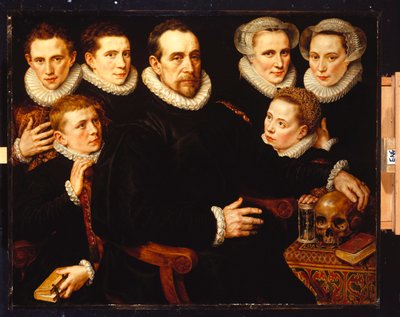 Een groepsportret van een heer van 57 jaar, zittend driekwart lengte, bij een tafel met een schedel, een zandloper en een boek, met zijn drie dochters van 30, 23 en 12 jaar, en zijn drie zonen van 19, 18 en 14 jaar door Adriaen Thomasz Key