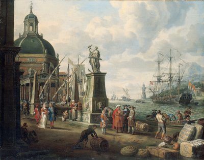 Een capriccio van een Middellandse Zee haven met kooplieden, een elegant paar aan de kade, voor een standbeeld van Hoop en een barokke kerk, een vuurtoren, een Nederlandse oorlogsschip, en andere schepen daarbuiten, 1700 door Adriaen Verdoel