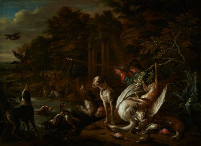 Jager met een dode zwaan aan de waterkant door Adriaen de Gryef