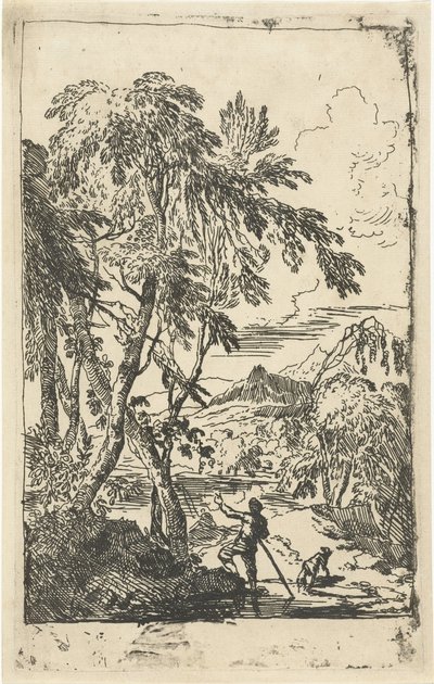 Bergachtig landschap met bomen en man met hond door Adriaen van Diest