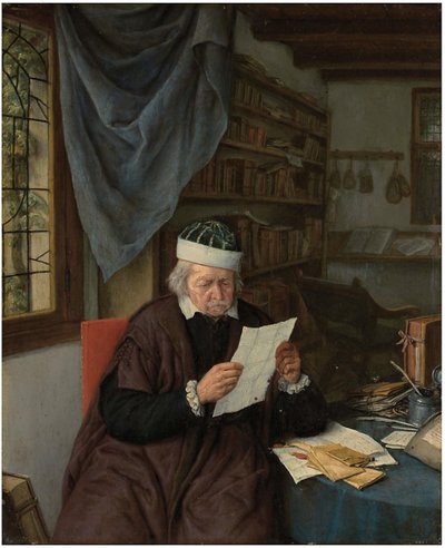 Een advocaat aan een tafel leest een brief door Adriaen van Ostade