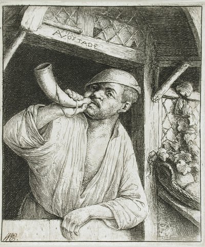 Bakker die op zijn hoorn blaast door Adriaen van Ostade