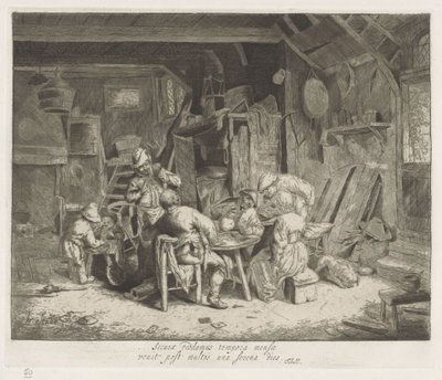 Boeren aan een maaltijd in een herberg door Adriaen van Ostade