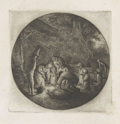 Boerenfamilie bij het slachten van een varken door Adriaen van Ostade
