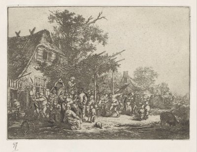 Dansende boeren voor een herberg door Adriaen van Ostade