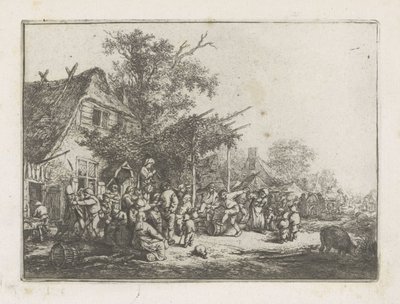 Dansende boeren voor een herberg door Adriaen van Ostade