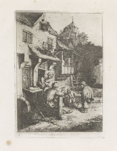 Gebochelde vioolspeler voor een herberg door Adriaen van Ostade