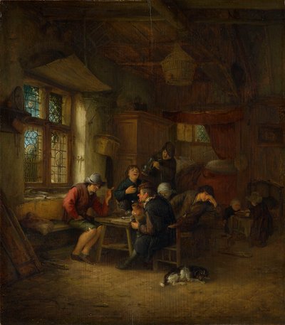 Interieur van een herberg met vijf boeren en een vrouw door Adriaen van Ostade