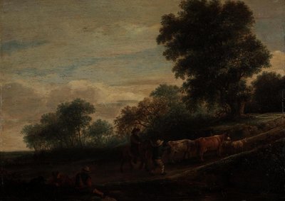 Landschap met herders en vee door Adriaen van Ostade