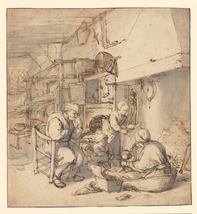 Boerenfamilie bij een haard door Adriaen van Ostade