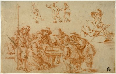 Schetsen van Boeren die Dobbelstenen Spelen en Schaatsen; Schets van Jongen op Slee door Adriaen van Ostade