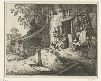 Spinnende vrouw voor een huis door Adriaen van Ostade