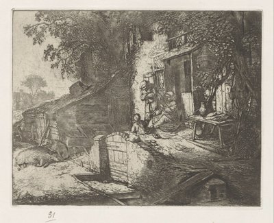 Spinnende vrouw voor een huis door Adriaen van Ostade