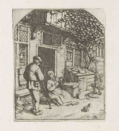 Spinster op de drempel van een huis door Adriaen van Ostade
