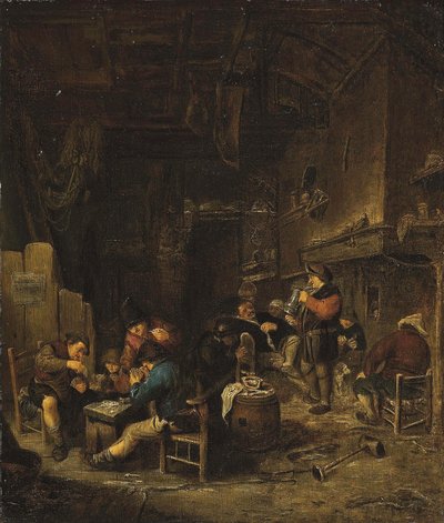 Taverne-interieur met kaartspelende, rokende en drinkende boeren door Adriaen van Ostade