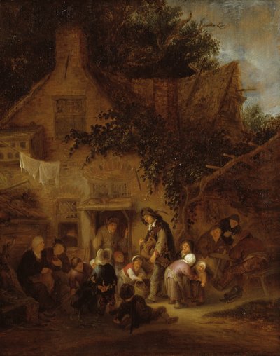 De orgeldraaier buiten een huisje door Adriaen van Ostade