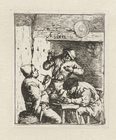 Twee rokers en drinker in herberg door Adriaen van Ostade