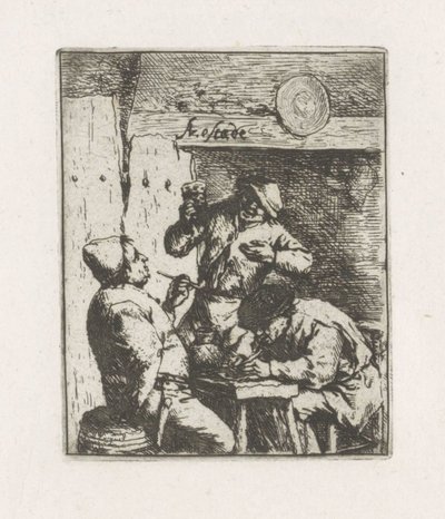 Twee rokers en drinker in herberg door Adriaen van Ostade