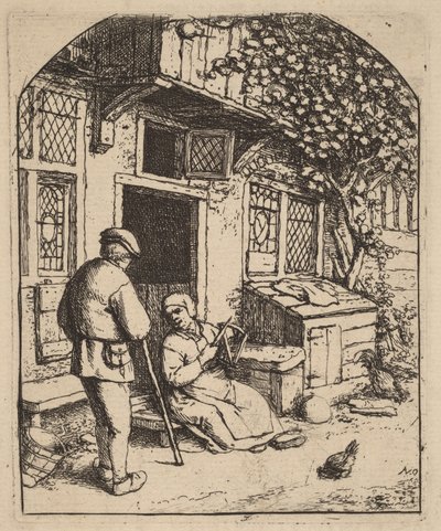Twee boeren buiten een huis, de vrouw windt wol op door Adriaen van Ostade