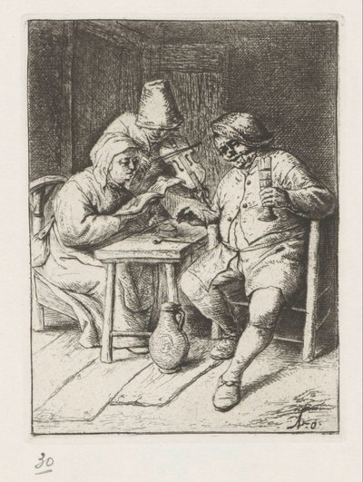 Vioolspeler en een zingende man en vrouw door Adriaen van Ostade