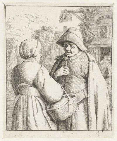 Vrouw en man met elkaar in gesprek door Adriaen van Ostade