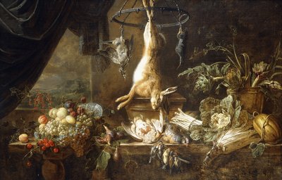 Een haas en een snip hangend aan een wildring, fruit in een Wanli Kraak porseleinen kom, vijgen, dode patrijzen en vinken, asperges, kool, venkel en artisjokken in een koperen pot op een richel bij een gedrapeerd raam, 1650 door Adriaen van Utrecht