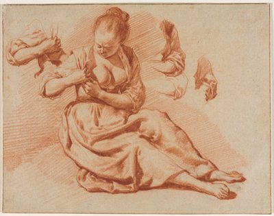 Zittende vrouw die vlooien zoekt, ca. 1671 door Adriaen van de Velde