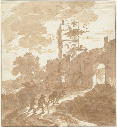 Italiaans landschap met een pad naar een stadspoort door Adriaen van der Kabel