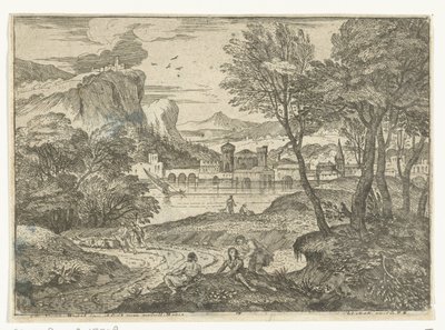 Landschap met drie personen langs pad door Adriaen van der Kabel