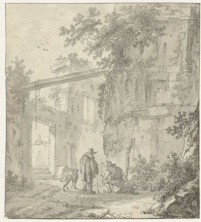 Gezicht op oude ruïnes met een tekenaar, zijn metgezel en een hond door Adriaen van der Kabel